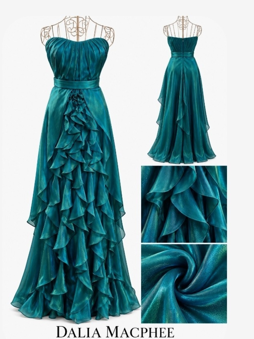 MOB MOG FORMAL Dalia MacPhee Iridescent Teal Strapless Ruffle Gown Size 12